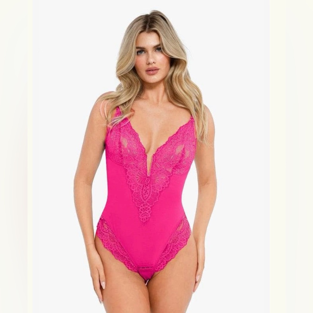 Shapewear Lace Deep V-Neck Sculpting Thong Bodysuit